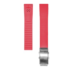 May include: A red rubber watch strap with a silver buckle. The strap has a textured surface and the buckle has a polished finish.