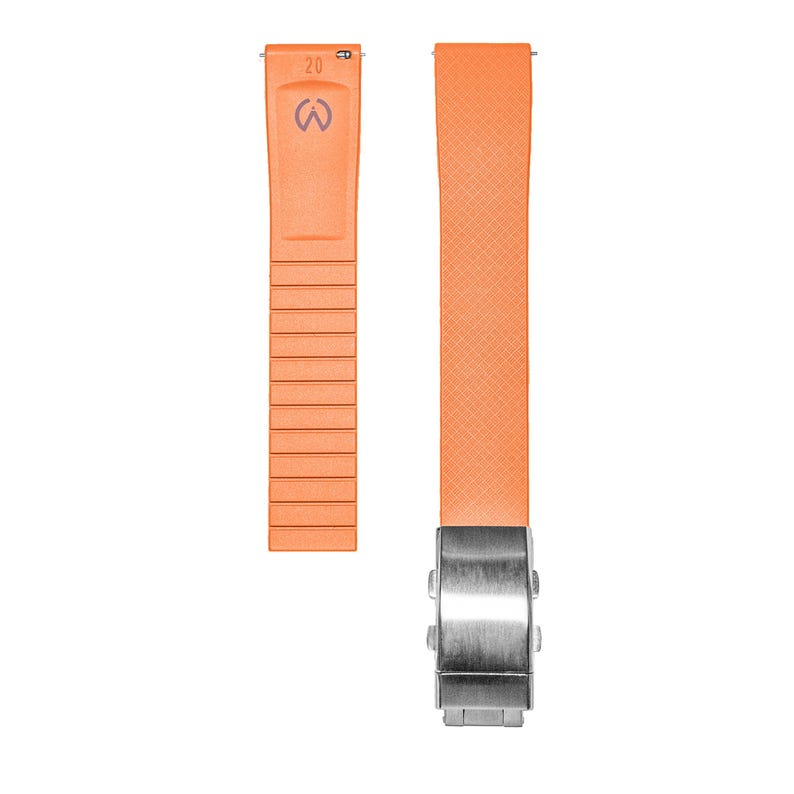 May include: Orange watch strap with a silver buckle. The strap has a textured surface and the buckle has a polished finish.