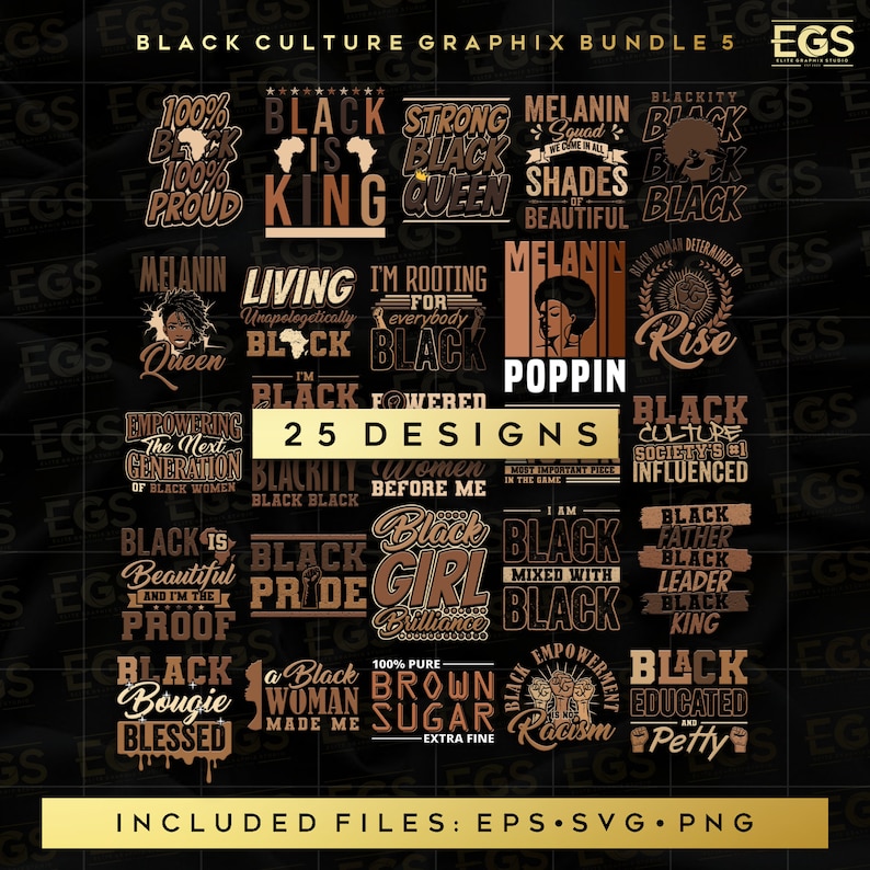 May include: A digital graphic design bundle featuring 25 designs with black and brown text on a brown background. The designs include phrases like "Black is King", "Black Girl Brilliance", "Black Culture", and "Black Pride". The text "Included Files: EPS.SVG.PNG" is at the bottom of the image.