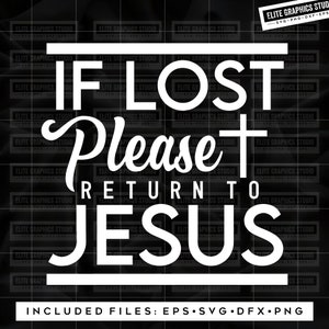 Könnte beinhalten: Weißer Text auf schwarzem Hintergrund lautet "Wenn verloren, bitte zurück zu Jesus" mit einem kleinen Kreuz neben dem Wort "Bitte".