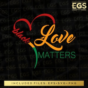 Può includere: Grafica Black Love Matters con una forma a cuore formata dalle parole "Black" e "Love" in rosso, giallo e verde. Le parole "Matters" sono in verde sotto il cuore.