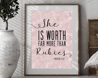 She Is Worth Far More Than Rubies Wall Art, Proverbs 31:10, Modern Christian Decor, Scripture Wall Decor, Womens Motivational Poster, Jesus