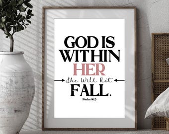 God Is Within Her She Will Not Fall Wall Art, Christian Women, Christian Decor Wall Art, Scripture Wall Decor, Bible Verse Art, Pink Decor