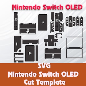 May include: A black and white SVG cut template for a Nintendo Switch OLED console, Joy-Cons, and dock. The template includes all the pieces needed to create a custom skin for the console.