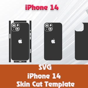 May include: SVG cut template for an iPhone 14 skin. The template shows the front, back, and side views of the phone, as well as the camera cutout.