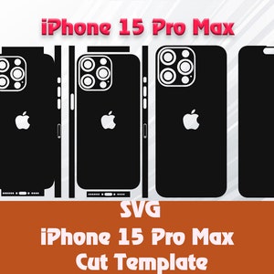 Puede incluir: Plantilla de corte SVG para un iPhone 15 Pro Max. La plantilla muestra la parte delantera, trasera y los lados del teléfono.