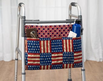 Walker/ Transport Chair  Caddy Organizer – Patriotic American Flag Fabric, Multi-Pocket Walker Bag