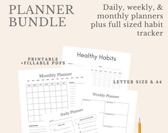 Planner Bundle, Full Planner Set, Daily Planner, Weekly Planner, Monthly Planner, Habit Tracker, Classic Style Planner Set