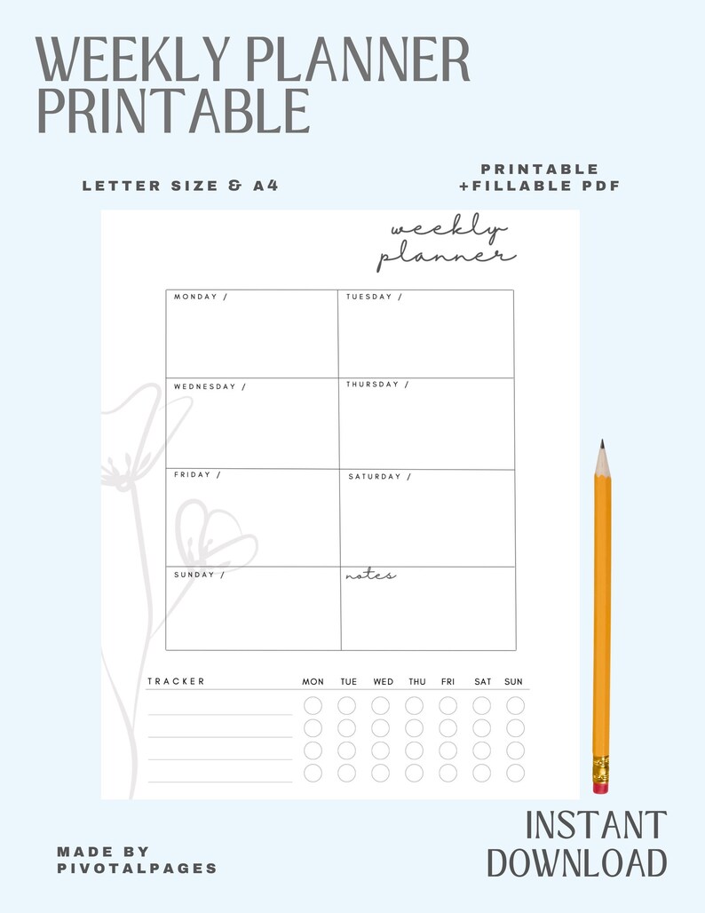 Printable Tue Weekly Planner, Weekly Planner Printable, Digital Download, Editable ...