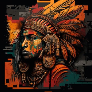 May include: A colorful digital illustration of a person wearing a headdress with feathers and intricate jewelry. The person's face is painted with geometric patterns in shades of red, blue, and green.