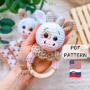 Crochet Cow Baby Rattle Pattern PDF | Amigurumi Cute Farm Rattle and Lovey Tutorial | Montessori DIY handmade newborn gift for baby shower