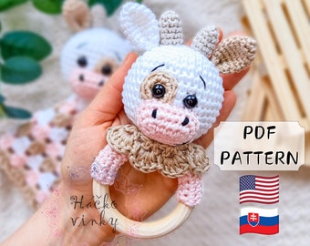 Crochet Cow Baby Rattle Pattern PDF | Amigurumi Cute Farm Rattle and Lovey Tutorial | Montessori DIY handmade newborn gift for baby shower