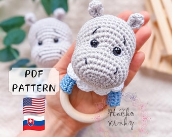 Crochet Hippo Baby Rattle Pattern PDF | Amigurumi Cute Rattle and Lovey Tutorial | Montessori DIY handmade newborn gift for baby shower