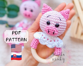 Crochet Piglet Baby Rattle Pattern PDF | Amigurumi Cute Pig Rattle and Lovey Tutorial | Montessori DIY handmade newborn gift for baby shower