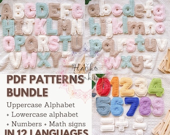 Puede incluir: Patrones de crochet para letras mayúsculas y minúsculas, números y símbolos matemáticos. Los patrones están disponibles en 12 idiomas. La imagen muestra los artículos terminados de crochet en varios colores.