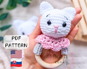 Crochet Cat Baby Rattle Pattern PDF | Amigurumi Cute Kitty Rattle and Lovey Tutorial | Montessori DIY handmade newborn gift for baby shower