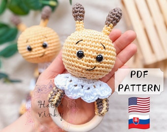 Crochet Bee Baby Rattle Pattern PDF | Amigurumi Cute Rattle and Lovey Tutorial | Montessori DIY handmade newborn gift for baby shower