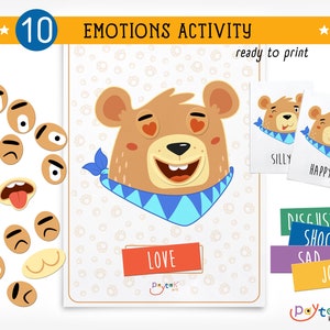 Bear-Themed Emotions and Feelings Printable Activity. Bear Toddler, Preschool Matching, Montessori . Include Cricut "Print-then-Cut" PDF