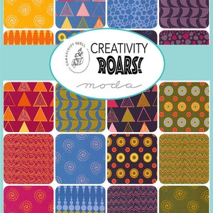 May include: A fabric swatch collection featuring various geometric and abstract patterns in a vibrant color palette. Designs include triangles, spirals, circles, and wavy lines. The text "CREATIVITY ROARS! moda" is displayed in a central oval.