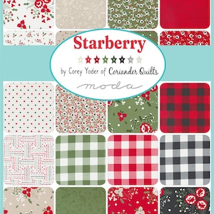 May include: Starberry fabric collection by Corey Yoder of Coriander Quilts for Moda Fabrics. The collection features 16 different prints in red, green, white, black, and gray. The prints include floral patterns, polka dots, plaid, and gingham.