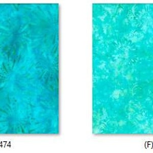 May include: Two fabric swatches with a turquoise blue background and a white and green pattern. The fabric on the left has a more defined pattern with a swirling design. The fabric on the right has a more subtle pattern with a speckled design. The fabric swatches are labeled with product codes: (C) 1400-22269-474 and (F) 1400-22270-747.