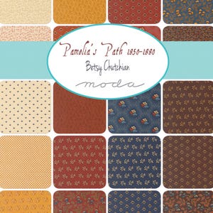 May include: A collection of fabric swatches in various patterns and colors, including floral, geometric, and dotted designs. The color palette features shades of red, blue, gold, and brown. The text "Pamelia's Path 1850-1880 Betsy Chutchian moda" is displayed in the center.