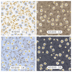 May include: Four fabric swatches featuring daisy patterns. Top left: 43200 11, white background with blue flowers and gold stems. Top right: 43200 13, taupe background with white flowers. Bottom left: 43200 14, light blue background. Bottom right: 43200 15, dark gray background.