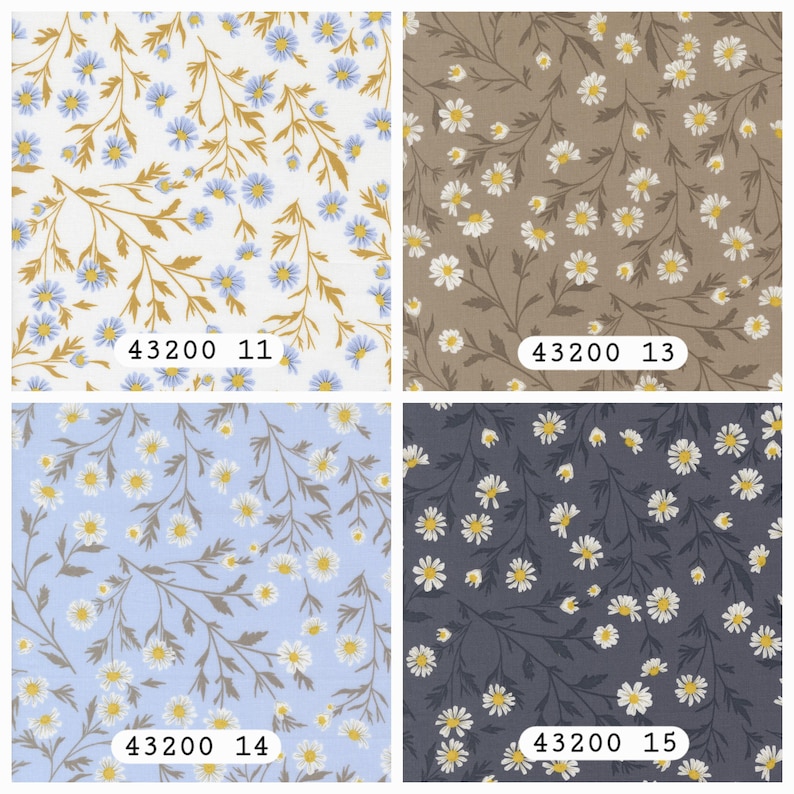 May include: Four fabric swatches featuring daisy patterns. Top left: 43200 11, white background with blue flowers and gold stems. Top right: 43200 13, taupe background with white flowers. Bottom left: 43200 14, light blue background. Bottom right: 43200 15, dark gray background.