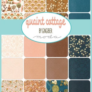 May include: A collection of 12 fabric squares featuring a variety of patterns, including floral, geometric, and cottagecore designs. The fabrics are in shades of blue, pink, brown, and white. The text "quaint cottage by gingiber moda" is printed on a blue background.