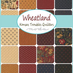 May include: A collection of fabric squares in various patterns and colors, including floral, dotted, and geometric designs. The text "Wheatland" and "Kansas Troubles Quilters" is displayed in a circular banner. The color palette includes shades of red, gold, and navy.