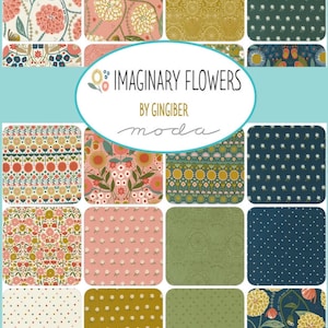 May include: A collection of 16 fabric squares featuring floral and geometric patterns in shades of pink, green, yellow, and blue. The fabric squares are arranged in a grid pattern and labeled "Imaginary Flowers by Gingiber moda".