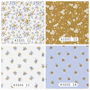 May include: Four fabric swatches featuring floral patterns. Top left: white background with blue and mustard flowers, labeled 43201 11. Top right: mustard background with white flowers, labeled 43201 12. Bottom left: white background with small blue and mustard floral motifs, labeled 43202 11. Bottom right: light blue background with small blue and mustard floral motifs, labeled 43202 14.