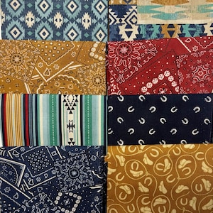 May include: A collection of eight folded fabric squares featuring diverse patterns including geometric shapes, red and blue paisley bandana prints, vertical stripes, white horseshoes on navy, and gold lasso and cowboy hat motifs on a mustard background.