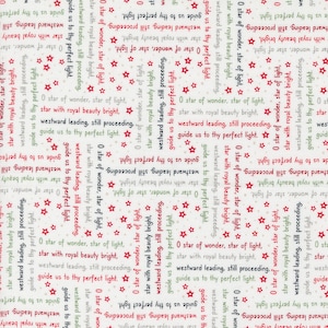 May include: A white background with a repeating pattern of red stars and the text "O star of wonder, star of light, star with royal beauty bright, westward leading, still proceeding, guide us to thy perfect light."