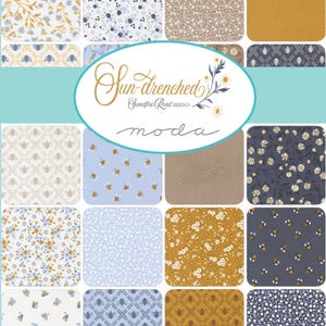 May include: A collection of fabric swatches featuring various patterns including floral prints, bees, and geometric designs in shades of blue, yellow, white, and brown. A central oval label displays the text Sun-drenched Sweetfire Road DESIGN CO moda.