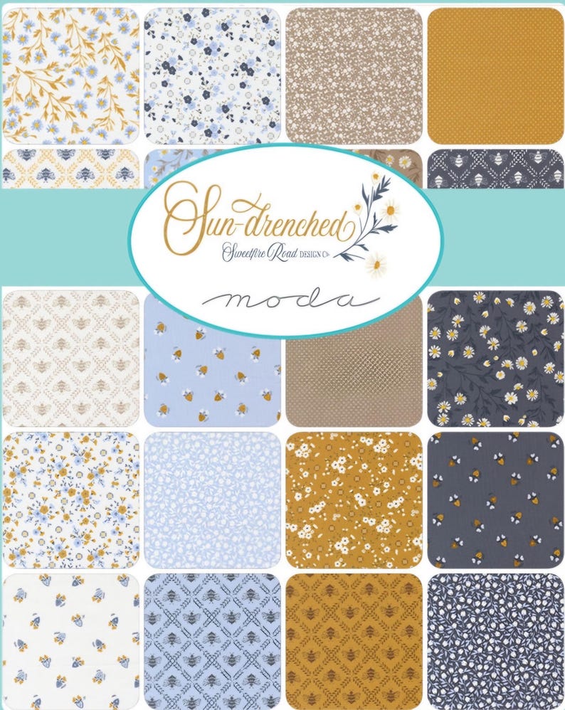 May include: A collection of fabric swatches featuring various patterns including floral prints, bees, and geometric designs in shades of blue, yellow, white, and brown. A central oval label displays the text Sun-drenched Sweetfire Road DESIGN CO moda.