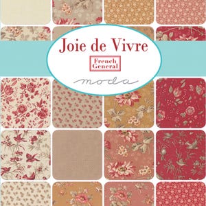 May include: A fabric collection featuring various floral and patterned designs in shades of red, beige, and gold. The collection includes the text "Joie de Vivre" and the "French General" logo. The fabrics are arranged in a grid.