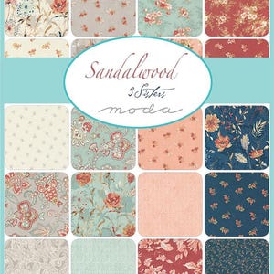 May include: A collection of 12 fabric squares featuring floral patterns in shades of blue, pink, red, and cream. The fabric squares are arranged in a grid pattern and labeled "Sandalwood 3 Sisters moda".