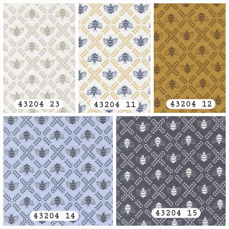 May include: A collection of five fabric swatches featuring a repeating diamond pattern formed by leafy vines with a bee centered in each diamond. The colorways include beige, blue and yellow, mustard, light blue, and dark gray, labeled 43204 23, 11, 12, 14, 15.