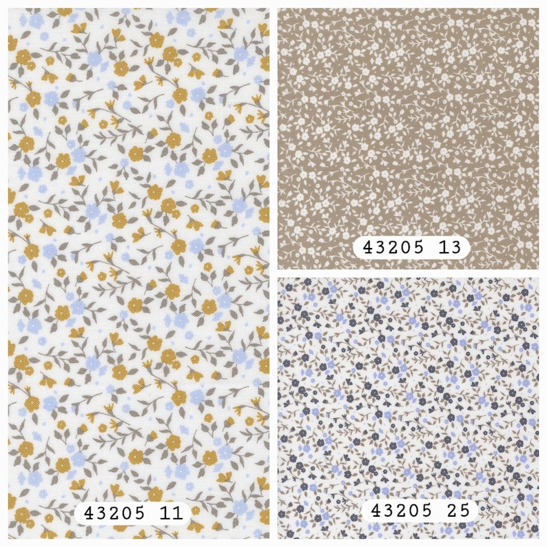 May include: Three fabric swatches featuring floral patterns. The left swatch has a white background with mustard yellow and light blue flowers. The top right swatch is beige with white flowers. The bottom right swatch is white with dark blue flowers.