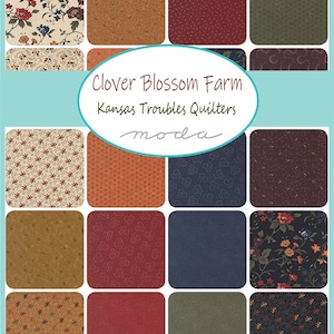May include: A collection of 12 fabric squares featuring various floral and geometric patterns in shades of brown, red, green, and cream. The fabric squares are arranged in a grid pattern and are labeled "Clover Blossom Farm Kansas Troubles Quilters moda".
