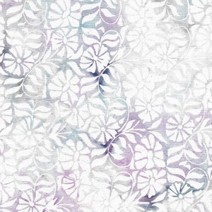 May include: A white floral pattern on a light blue and purple watercolor background. The pattern is a repeating design of stylized flowers and leaves.