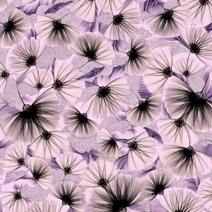 May include: A seamless pattern featuring delicate, translucent, pink and black flowers with a dotted background.