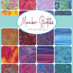 May include: A fabric swatch display featuring various batik patterns in a range of colors, including pink, purple, blue, and green. The image includes the text "Mambo Batiks moda" in a cursive font, showcasing the brand and style of the fabric.