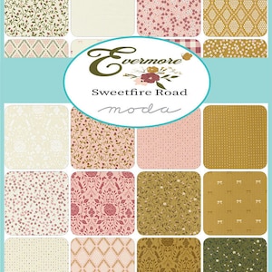 May include: A collection of 12 fabric squares featuring floral and geometric patterns in shades of pink, green, brown, and cream. The fabric squares are arranged in a grid pattern and are labeled "Evermore Sweetfire Road moda".