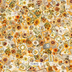 May include: A collage of vintage-style paper ephemera featuring sunflowers. The design includes stamps, postcards, and decorative labels with yellow, orange, and white floral elements. The text "31802 O" is visible.