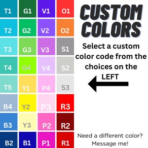 May include: A color chart with a variety of color swatches labeled with codes. The text "CUSTOM COLORS" is displayed prominently. Instructions are provided to select a custom color code from the choices on the left. A black arrow points left.