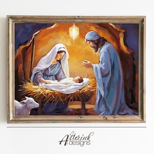 Nativity Art Print Christmas Printable Wall Decor Christian Wall Art Baby Jesus In Manger Birth Of Jesus Gift for Christian Faith Art