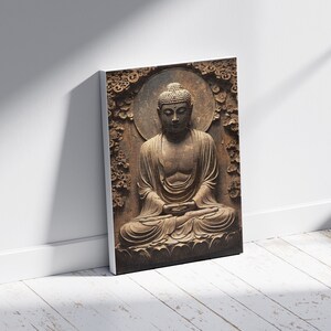 May include: A brown wooden sculpture of Buddha sitting in meditation with his hands in his lap. The sculpture is surrounded by a carved floral design.