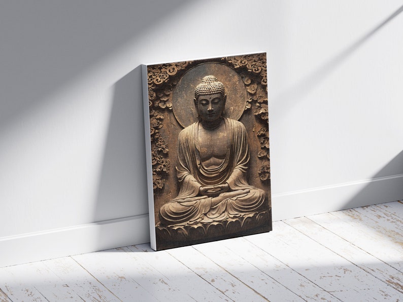 May include: A brown wooden sculpture of Buddha sitting in meditation with his hands in his lap. The sculpture is surrounded by a carved floral design.